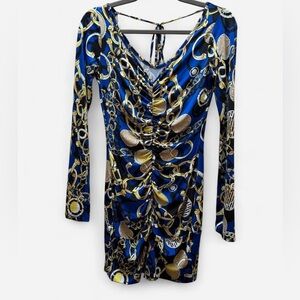 Venus Blue & Yellow Chain Print Statement Mini Dress Size Small Y2K Club